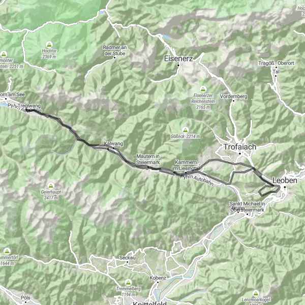 Kartminiatyr av "Sankt Peter-Freienstein til Traboch Rundtur" sykkelinspirasjon i Steiermark, Austria. Generert av Tarmacs.app sykkelrutoplanlegger