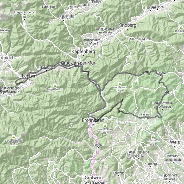 Zemljevid v pomanjšavi "Kolesarska pustolovščina v Dolinji" kolesarske inspiracije v Steiermark, Austria. Generirano z načrtovalcem kolesarskih poti Tarmacs.app