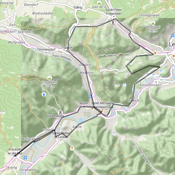 Zemljevid v pomanjšavi "Cestna kolesarska tura z znamenitostmi" kolesarske inspiracije v Steiermark, Austria. Generirano z načrtovalcem kolesarskih poti Tarmacs.app