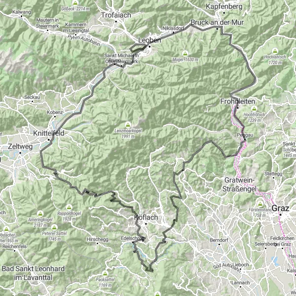 Miniaturekort af cykelinspirationen "Udfordrende Road Cykelrute fra Leoben til Donawitz" i Steiermark, Austria. Genereret af Tarmacs.app cykelruteplanlægger