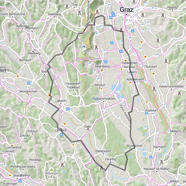 Miniaturekort af cykelinspirationen "Charmerende Landsbyer og Grønne Enge" i Steiermark, Austria. Genereret af Tarmacs.app cykelruteplanlægger