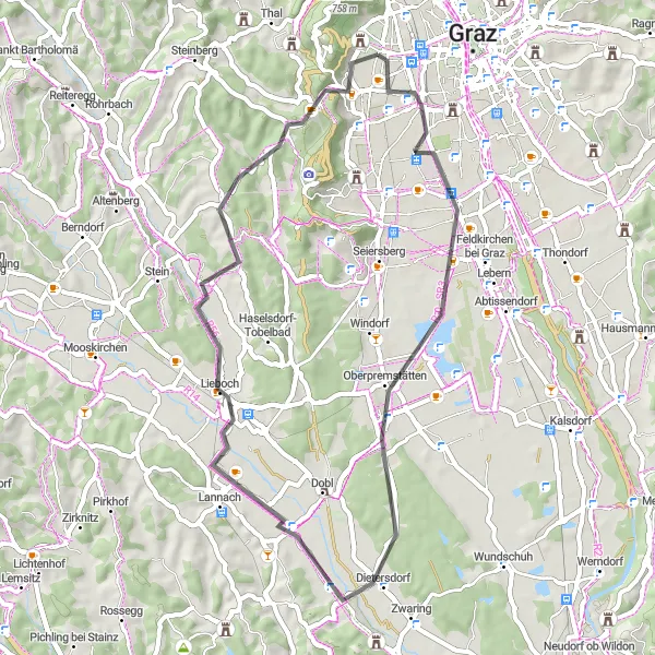 Miniature de la carte de l'inspiration cycliste "Tour de Châteaux de Styrie" dans la Steiermark, Austria. Générée par le planificateur d'itinéraire cycliste Tarmacs.app