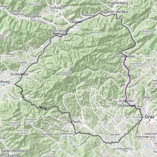 Miniatua del mapa de inspiración ciclista "Ruta de Carretera por Burgruine Klingenstein y Aussichtsplattform" en Steiermark, Austria. Generado por Tarmacs.app planificador de rutas ciclistas