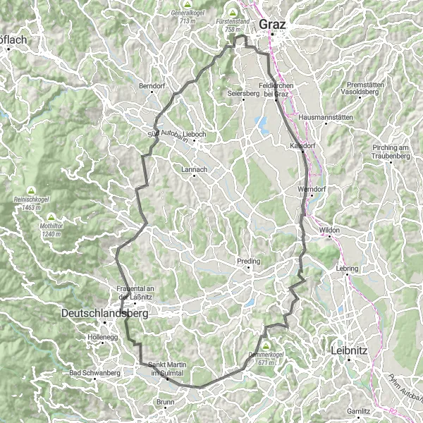 Miniatua del mapa de inspiración ciclista "Ruta de Carretera por Werndorf y Stainz" en Steiermark, Austria. Generado por Tarmacs.app planificador de rutas ciclistas