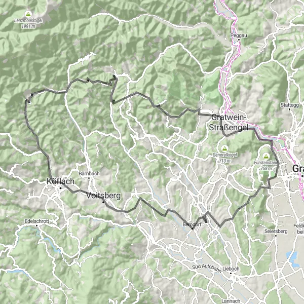 Miniaturekort af cykelinspirationen "Udfordrende cykeltur gennem Landskabet" i Steiermark, Austria. Genereret af Tarmacs.app cykelruteplanlægger