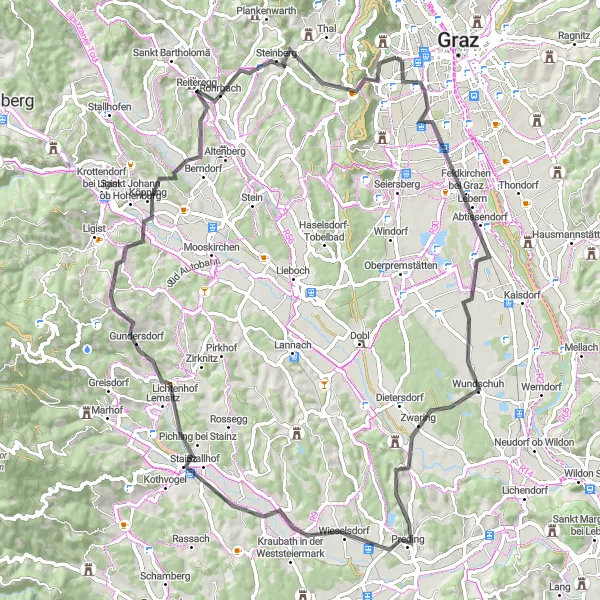Zemljevid v pomanjšavi "Raziskovanje naravnih lepot in zgodovinskih znamenitosti" kolesarske inspiracije v Steiermark, Austria. Generirano z načrtovalcem kolesarskih poti Tarmacs.app