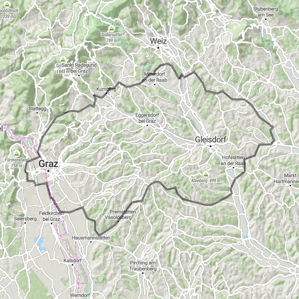 Miniature de la carte de l'inspiration cycliste "Tour des collines et des villages autour de Graz" dans la Steiermark, Austria. Générée par le planificateur d'itinéraire cycliste Tarmacs.app