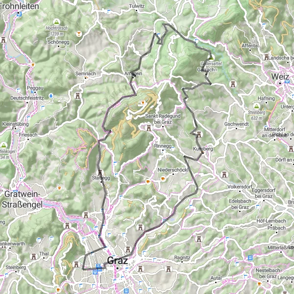 Miniatua del mapa de inspiración ciclista "Ruta de Carretera por Gollersattel y Schloss Kainberg" en Steiermark, Austria. Generado por Tarmacs.app planificador de rutas ciclistas