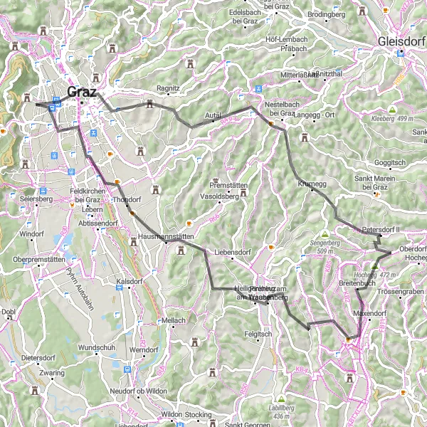 Miniatua del mapa de inspiración ciclista "Ruta panorámica a Hühnerberg y Gries" en Steiermark, Austria. Generado por Tarmacs.app planificador de rutas ciclistas