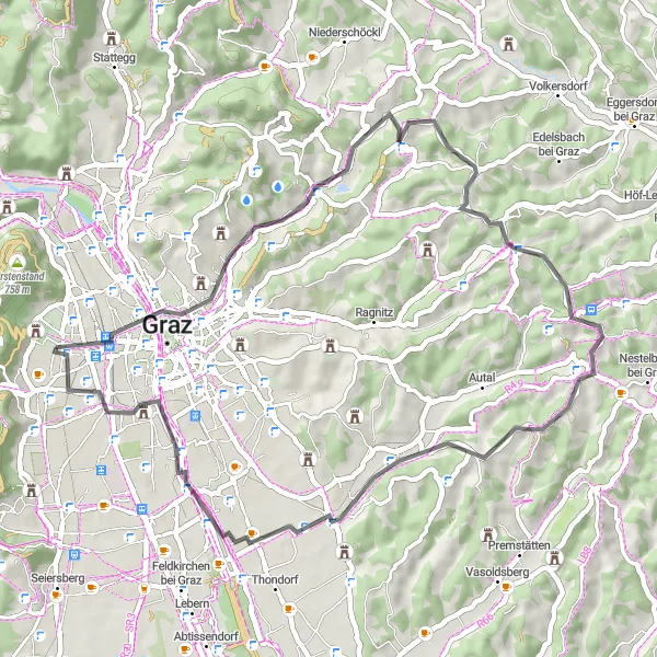 Miniatua del mapa de inspiración ciclista "Ruta de ciclismo por carretera cerca de Eggenberg" en Steiermark, Austria. Generado por Tarmacs.app planificador de rutas ciclistas