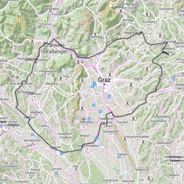 Mapa miniatúra "Cyklotúra do okolia Hartu pri Grazi" cyklistická inšpirácia v Steiermark, Austria. Vygenerované cyklistickým plánovačom trás Tarmacs.app