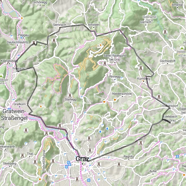 Kartminiatyr av "Graz og Schlossberg Circuit" sykkelinspirasjon i Steiermark, Austria. Generert av Tarmacs.app sykkelrutoplanlegger