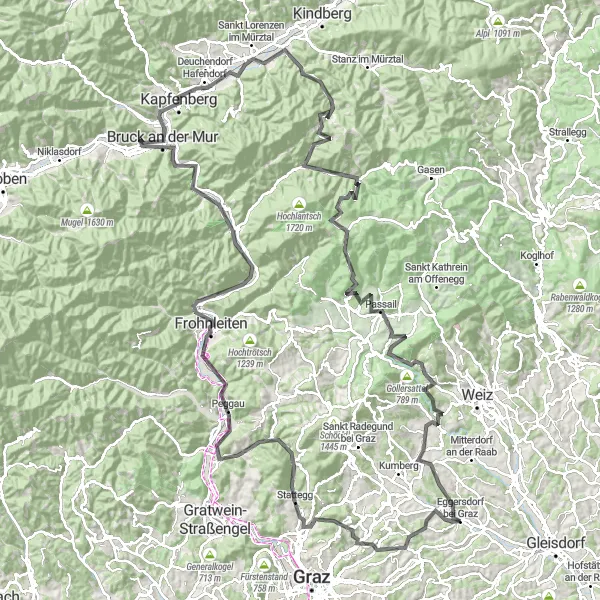 Kartminiatyr av "Alpeobservasjoner og Historiske Steder" sykkelinspirasjon i Steiermark, Austria. Generert av Tarmacs.app sykkelrutoplanlegger