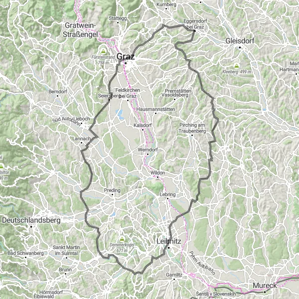 Map miniature of "Hilltops and Castles Tour" cycling inspiration in Steiermark, Austria. Generated by Tarmacs.app cycling route planner