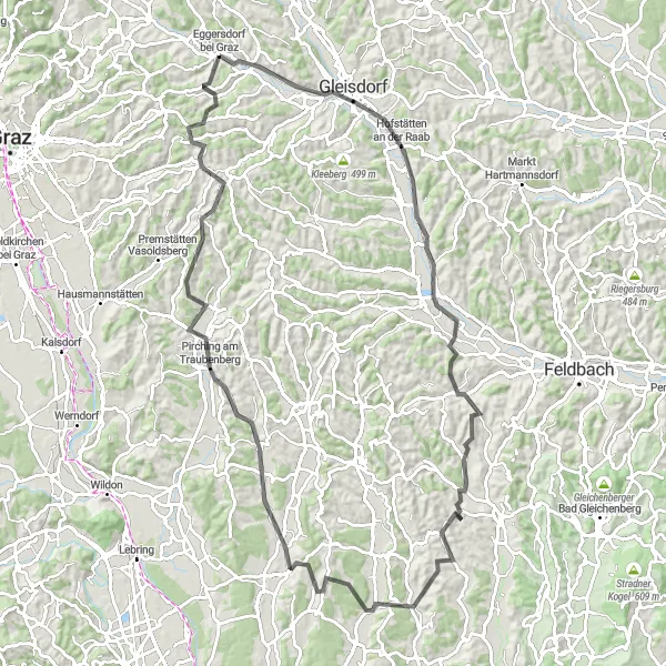 Miniatura della mappa di ispirazione al ciclismo "Avventurosa Escursione Stradale nei Dintorni di Graz" nella regione di Steiermark, Austria. Generata da Tarmacs.app, pianificatore di rotte ciclistiche