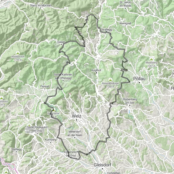 Karttaminiaatyyri "Haastava pyöräilyseikkailu" pyöräilyinspiraatiosta alueella Steiermark, Austria. Luotu Tarmacs.app pyöräilyreittisuunnittelijalla