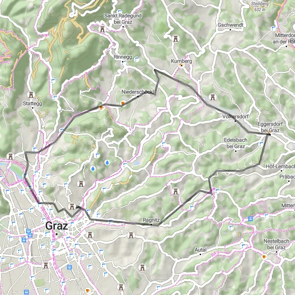 Mapa miniatúra "Cyklocesta do okolia Kainbacha pri Grazi" cyklistická inšpirácia v Steiermark, Austria. Vygenerované cyklistickým plánovačom trás Tarmacs.app
