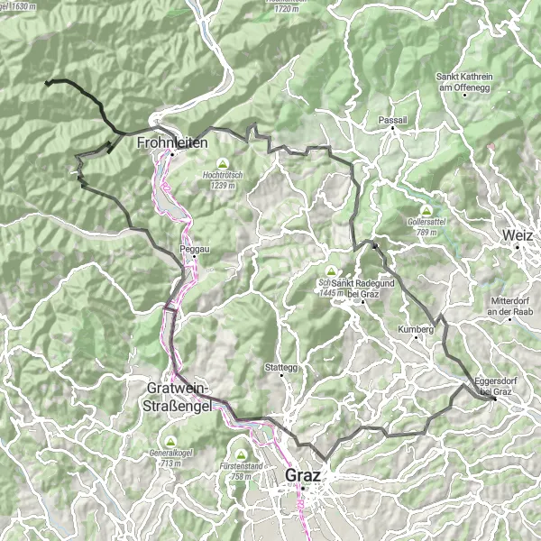 Karttaminiaatyyri "Grazielainen sykkelireitti" pyöräilyinspiraatiosta alueella Steiermark, Austria. Luotu Tarmacs.app pyöräilyreittisuunnittelijalla