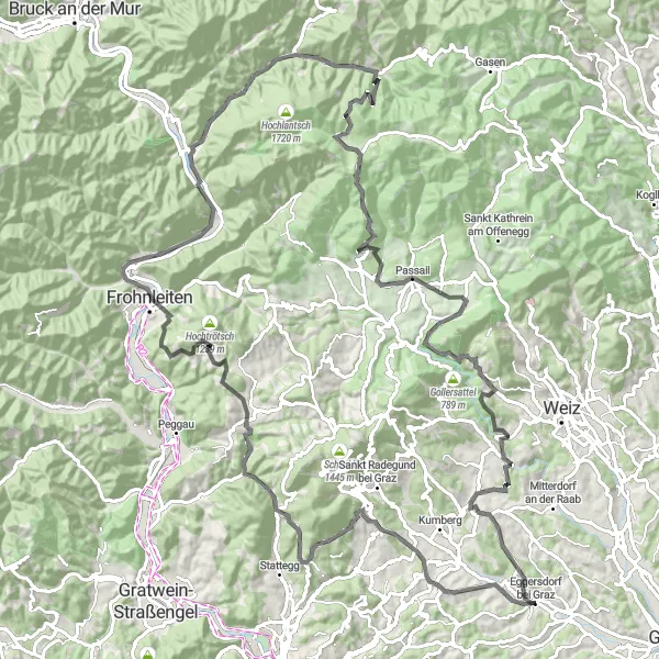 Miniature de la carte de l'inspiration cycliste "Défi des montagnes de Styrie" dans la Steiermark, Austria. Générée par le planificateur d'itinéraire cycliste Tarmacs.app