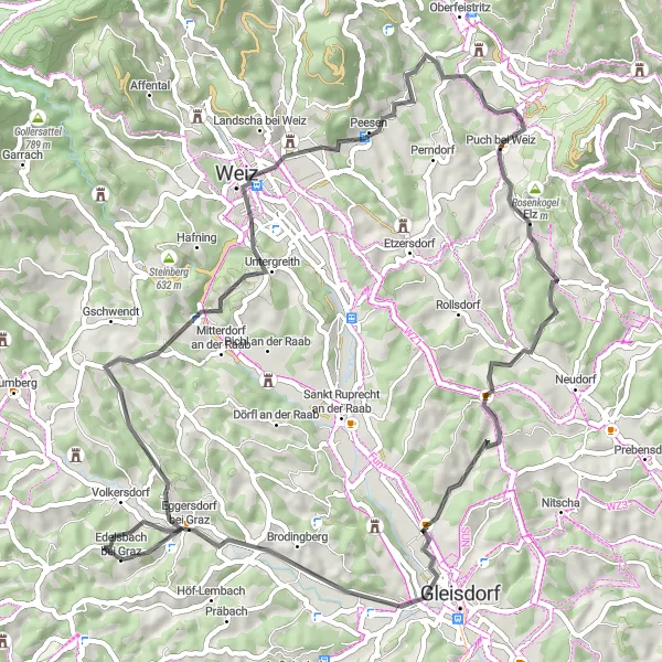 Miniature de la carte de l'inspiration cycliste "Les collines de Styrie" dans la Steiermark, Austria. Générée par le planificateur d'itinéraire cycliste Tarmacs.app