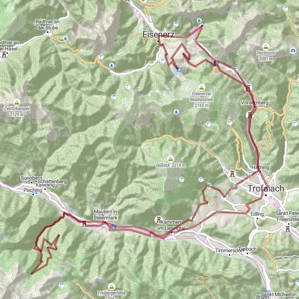 Miniature de la carte de l'inspiration cycliste "Aventure gravel de Eisenerz à Schloss Geyregg" dans la Steiermark, Austria. Générée par le planificateur d'itinéraire cycliste Tarmacs.app
