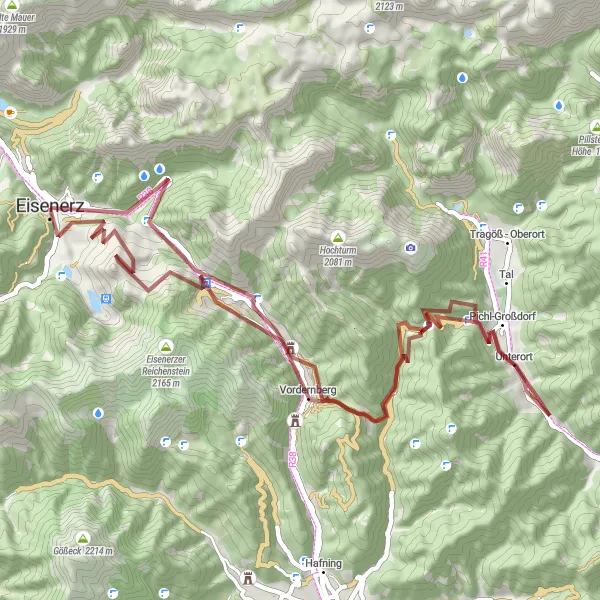 Miniatua del mapa de inspiración ciclista "Ruta de ciclismo de montaña Eisenerz-Plankogel-Laurenzi-Röst-Hohe Rötz-Planauerkogel-Unterort-Vordernberg-Rössel-Schichtturm-Eisenerz" en Steiermark, Austria. Generado por Tarmacs.app planificador de rutas ciclistas