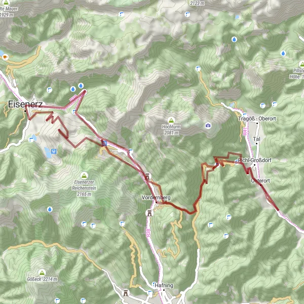 Map miniature of "The Ore Mining Gravel Route" cycling inspiration in Steiermark, Austria. Generated by Tarmacs.app cycling route planner