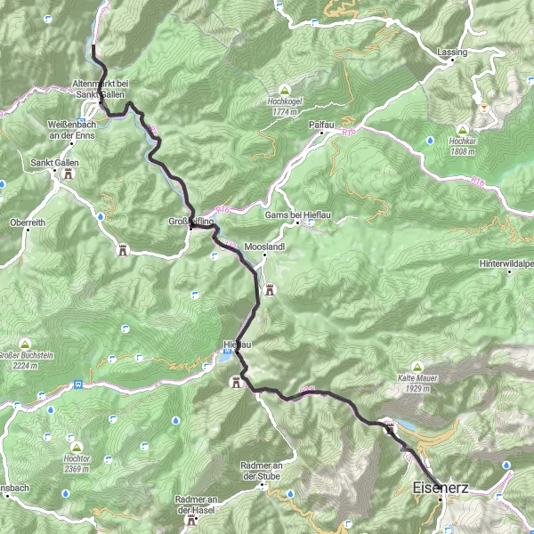 Map miniature of "The Scenic Route from Eisenerz to Hieflau" cycling inspiration in Steiermark, Austria. Generated by Tarmacs.app cycling route planner