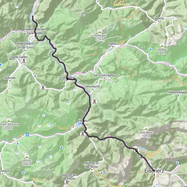 Miniature de la carte de l'inspiration cycliste "Route routière autour de Eisenerz" dans la Steiermark, Austria. Générée par le planificateur d'itinéraire cycliste Tarmacs.app