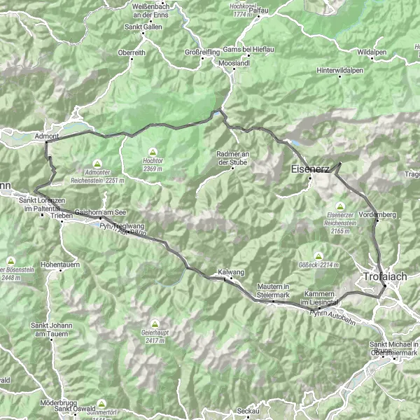 Miniature de la carte de l'inspiration cycliste "Boucle sur route autour de Eisenerz" dans la Steiermark, Austria. Générée par le planificateur d'itinéraire cycliste Tarmacs.app