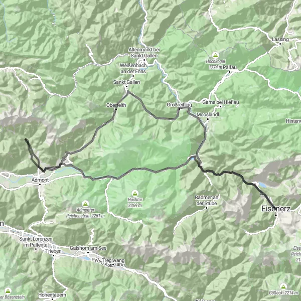 Zemljevid v pomanjšavi "Eisenerz do Schloss Kassegg" kolesarske inspiracije v Steiermark, Austria. Generirano z načrtovalcem kolesarskih poti Tarmacs.app