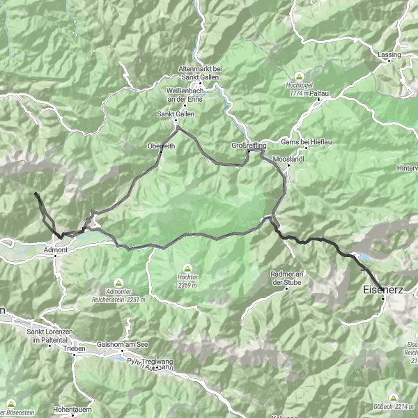 Miniaturekort af cykelinspirationen "Spændende landevejscykling til Schloss Kassegg og Eisenerz" i Steiermark, Austria. Genereret af Tarmacs.app cykelruteplanlægger