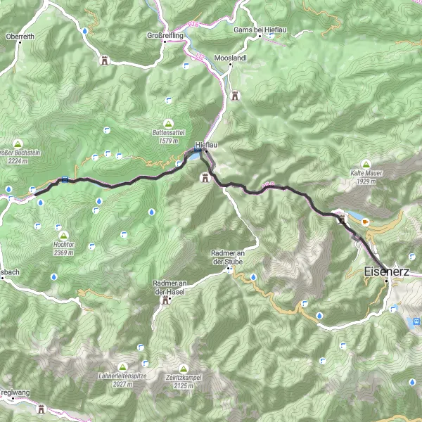 Kartminiatyr av "Unik Road Tour fra Eisenerz" sykkelinspirasjon i Steiermark, Austria. Generert av Tarmacs.app sykkelrutoplanlegger