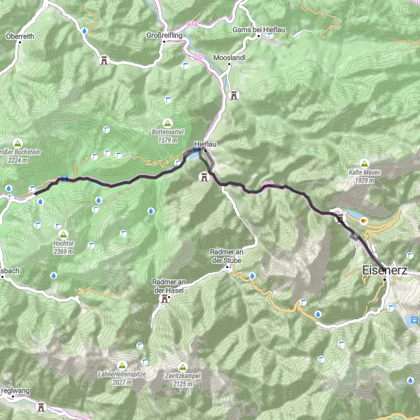 Zemljevid v pomanjšavi "Eisenerz - Gstatterstein Road Route" kolesarske inspiracije v Steiermark, Austria. Generirano z načrtovalcem kolesarskih poti Tarmacs.app