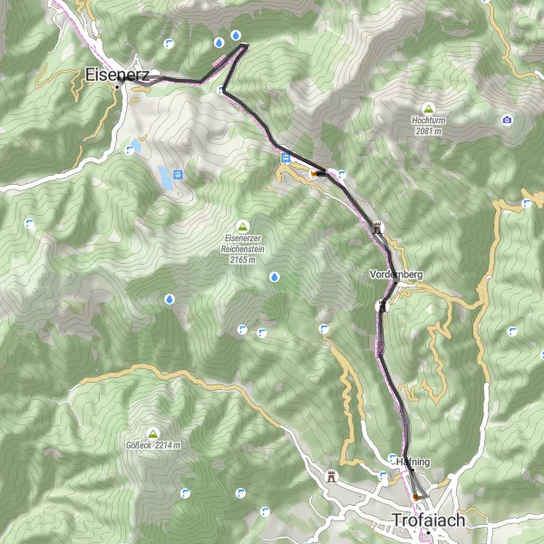 Miniature de la carte de l'inspiration cycliste "Tour panoramique Eisenerz - Trofaiach" dans la Steiermark, Austria. Générée par le planificateur d'itinéraire cycliste Tarmacs.app