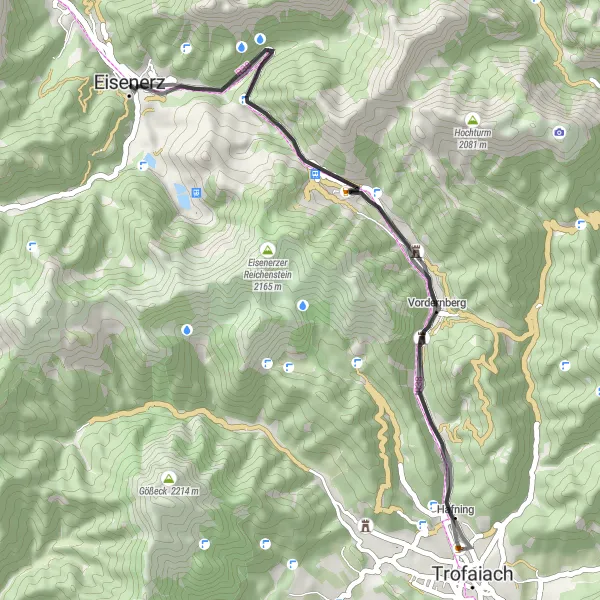 Miniatura della mappa di ispirazione al ciclismo "Giro in bicicletta su strada Eisenerz-Trofaiach" nella regione di Steiermark, Austria. Generata da Tarmacs.app, pianificatore di rotte ciclistiche