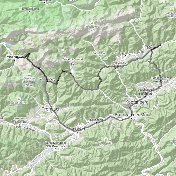 Miniaturní mapa "Road cyklistická trasa s výhledy na hory" inspirace pro cyklisty v oblasti Steiermark, Austria. Vytvořeno pomocí plánovače tras Tarmacs.app