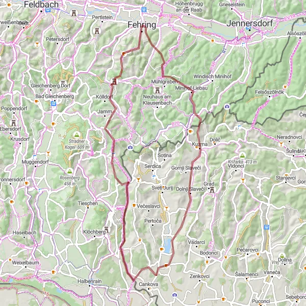 Map miniature of "Fehring to Kuruzzenkogel Gravel Route" cycling inspiration in Steiermark, Austria. Generated by Tarmacs.app cycling route planner