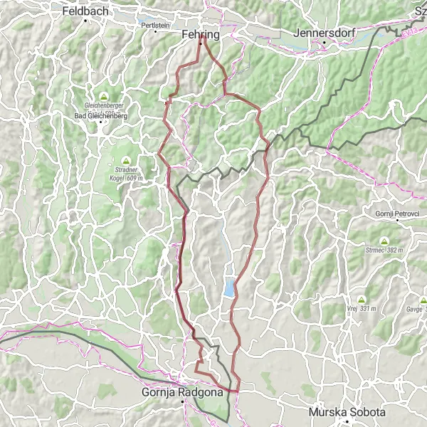 Zemljevid v pomanjšavi "Gravel kolesarska tura Minihof-Liebau - Kapfenstein" kolesarske inspiracije v Steiermark, Austria. Generirano z načrtovalcem kolesarskih poti Tarmacs.app