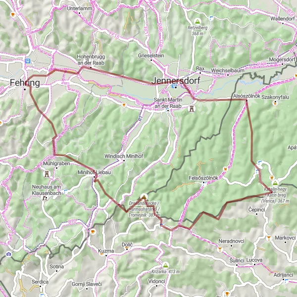Miniatura della mappa di ispirazione al ciclismo "Giro in bicicletta tra Fehring e Minihof-Liebau" nella regione di Steiermark, Austria. Generata da Tarmacs.app, pianificatore di rotte ciclistiche