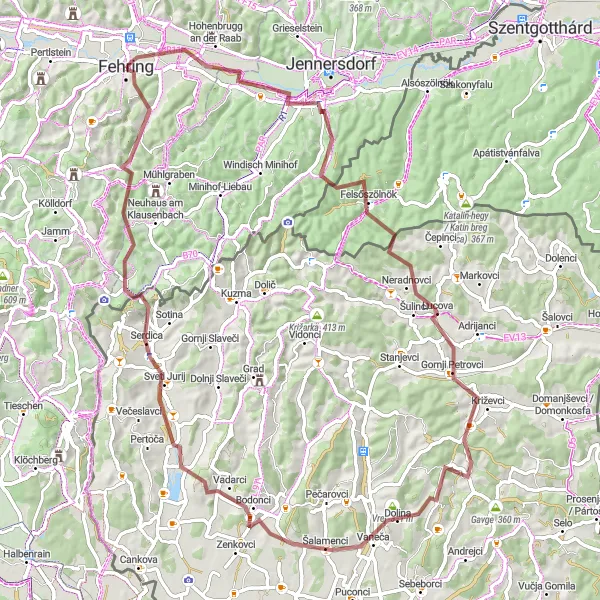 Zemljevid v pomanjšavi "Gravel Route around Fehring through Prelog and Bodonci" kolesarske inspiracije v Steiermark, Austria. Generirano z načrtovalcem kolesarskih poti Tarmacs.app