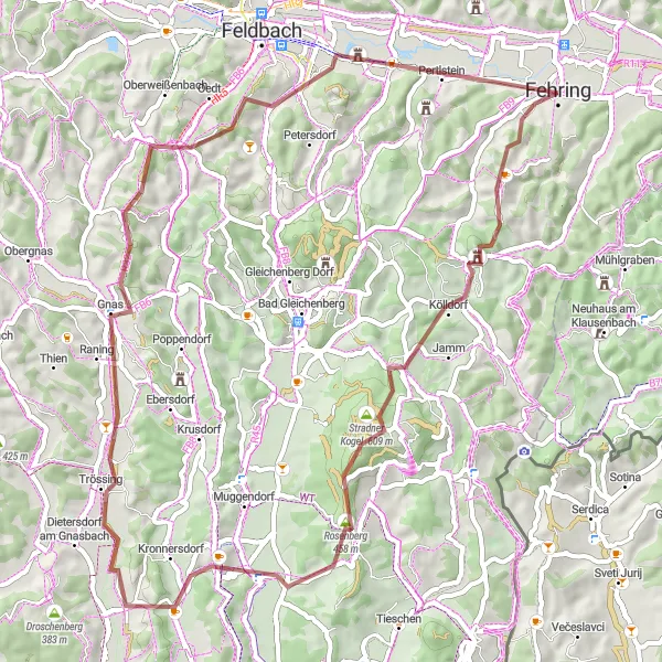 Zemljevid v pomanjšavi "Gravlna pot čez Kuruzzenkogel, Gnas in Fehring" kolesarske inspiracije v Steiermark, Austria. Generirano z načrtovalcem kolesarskih poti Tarmacs.app