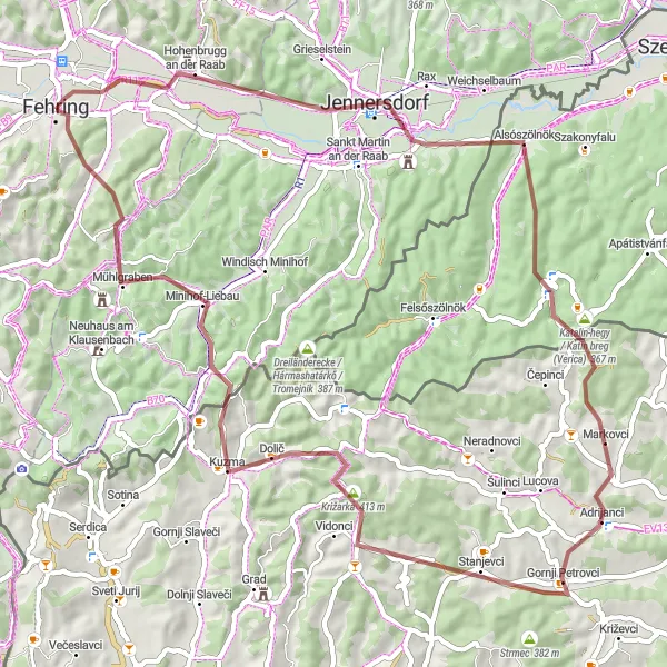 Miniaturekort af cykelinspirationen "Gruscykelrute fra Fehring til Steiermark" i Steiermark, Austria. Genereret af Tarmacs.app cykelruteplanlægger