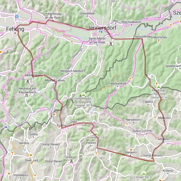 Mapa miniatúra "Gravel trasa cez Adrijanci a Schloss Tabor" cyklistická inšpirácia v Steiermark, Austria. Vygenerované cyklistickým plánovačom trás Tarmacs.app