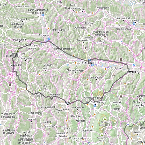 Map miniature of "Fehring to Fladnitz im Raabtal Road Route" cycling inspiration in Steiermark, Austria. Generated by Tarmacs.app cycling route planner
