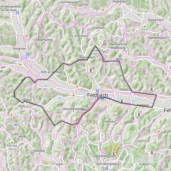 Mapa miniatúra "Cyklistická trasa cez Leitersdorf im Raabtal a Lödersdorf" cyklistická inšpirácia v Steiermark, Austria. Vygenerované cyklistickým plánovačom trás Tarmacs.app