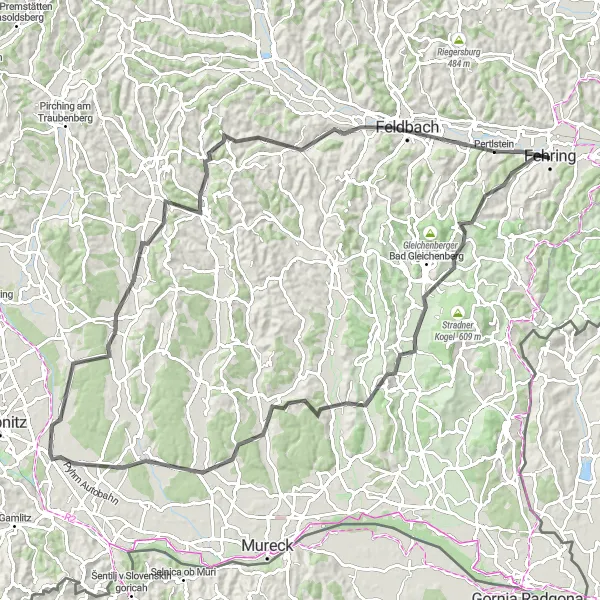 Miniatura della mappa di ispirazione al ciclismo "Tour delle colline di Fehring" nella regione di Steiermark, Austria. Generata da Tarmacs.app, pianificatore di rotte ciclistiche
