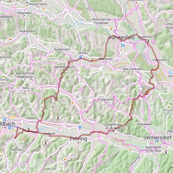 Miniatua del mapa de inspiración ciclista "Ruta de ciclismo de grava en los alrededores de Feldbach" en Steiermark, Austria. Generado por Tarmacs.app planificador de rutas ciclistas