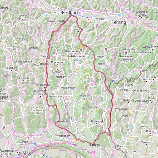Miniatua del mapa de inspiración ciclista "Ruta de Grava por los Alrededores de Feldbach" en Steiermark, Austria. Generado por Tarmacs.app planificador de rutas ciclistas