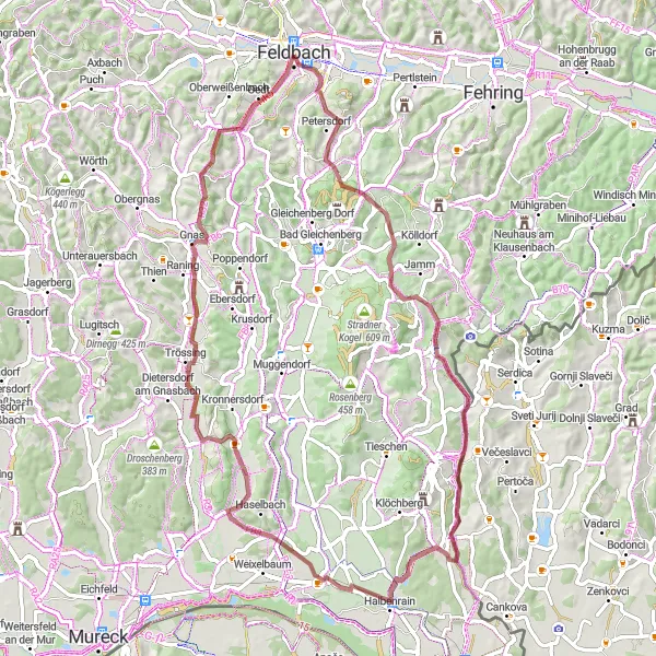 Kartminiatyr av "Feldbach - Mühldorf bei Feldbach - Galgegg - Halbenrain - Trössing - Hochwartkogel - Bloderberg - Oedt - Feldbach" cykelinspiration i Steiermark, Austria. Genererad av Tarmacs.app cykelruttplanerare